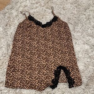 Leopard Print Lace Trim Slip Dress Lingerie Size L